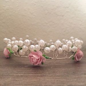 Baby pink flower and pearl tiara